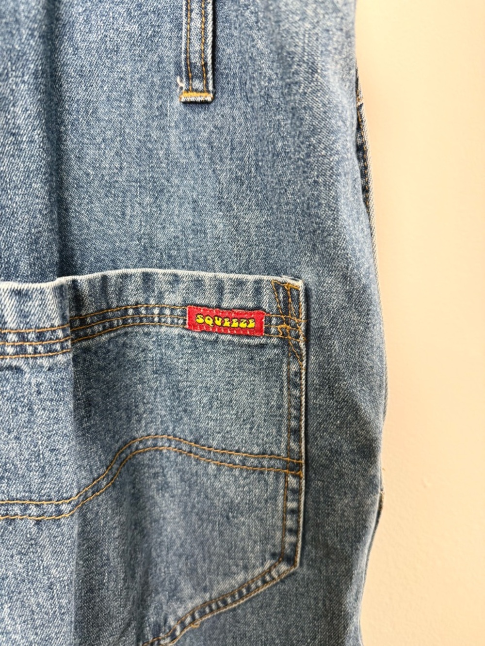 Vintage 90s Squeeze Denim Carpenter Overalls Bibs Y2K Grunge Medium Wash Small - Picture 5 of 9